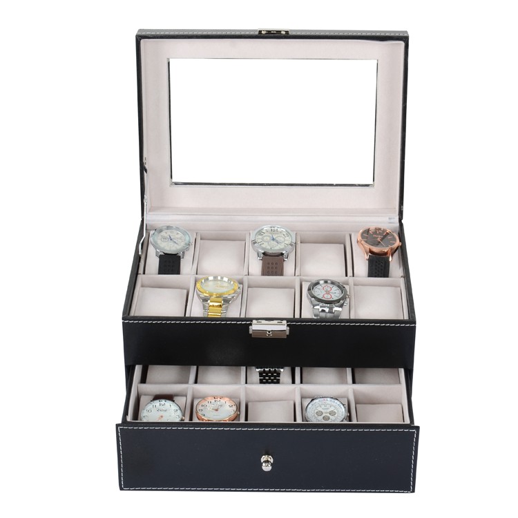 Watchbox กล่องนาฬิกาไม้บุหนัง สำหรับนาฬิกา 20 เรือน ดำ/ครีม Shopee