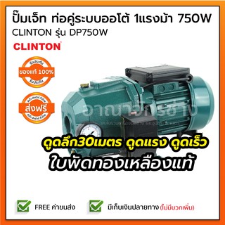 ปั๊มเจ็ท ท่อคู่ระบบออโต้ 1แรงม้า 750W (ส่งฟรี) ดูดลึก30เมตร ดูดแรง ดูดเร็ว ปั๊มน้ำ ใบพัดทองเหลืองแท้ CLINTON รุ่น DP750W