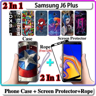 2 IN 1 เคส Samsung J6 Plus เคส พร้อมกระจกนิรภัยโค้ง ป้องกันหน้าจอ เซรามิค LOL และฮีโร่