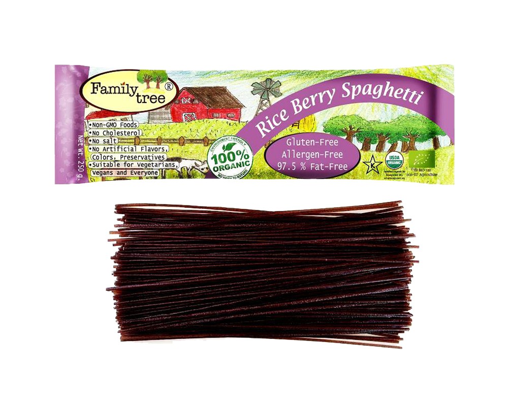 Family Tree 100 % Organic Riceberry Rice Spaghetti สปาเก็ตตี้ข้าวไรซ์เบอรี่ออร์แกนิก 100 % (250gm)