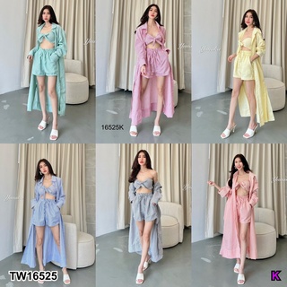 MF16525  เซต3 ชิ้น เสื้อเชิ้ตกระดุมหน้าแขนยาวมาพร้อมผ้าผูกอก และกางเกงขาสั้นเอวยางยืดมีกระเป๋าล้วงข้าง เนื้อผ้าคอตต้อลลา