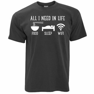 [S-5XL]เสื้อยืดลําลอง แขนสั้น พิมพ์ลาย All I Need Is Food Sleep And Wi-Fi เหมาะกับของขวัญ สําหรับผู้ชาย วัยรุ่น