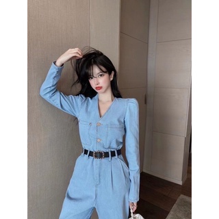 จั้มสูทคอวีแขนพัฟ จั๊มสูทขาตรงแฟชั่นพร้อมเข็มขัด😍😍🆕🆕 🆕