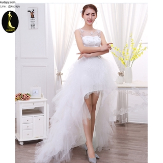kudapy ชุดราตรีชุดแต่งงานเจ้าสาวสีขาว แขนกุดหน้าสั้นหลังยาว