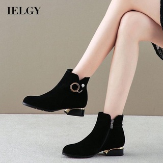 IELGY รองเท้าบูทมาร์ติน ส้นหนา หนังกลับ มีซิปด้านข้าง สไตล์เกาหลี พลัสไซซ์