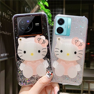 เคสโทรศัพท์ 2022 New Handphone Case VIVO T1 T1x Y01 Y33T Y21T X80 Pro 5G 4G Cute Cartoon Hellokitty Makeup Mirror Fashion Transpare Casing Sparkling Sequins TPU Soft Case Shockproof Cover เคส