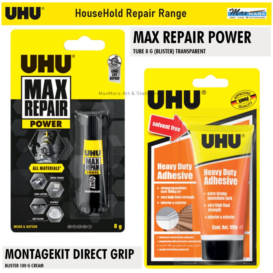 (Maxmara Art) กาวสําหรับงานหนัก UHU (100g) & Max Repair Power (8g) [1s/การ์ด]