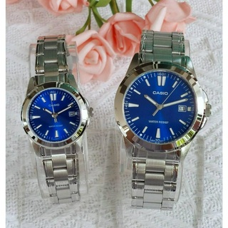 นาฬิกา Casio แท้ รุ่น MTP-1215A-2A2 , LTP-1215A-2A2 นาฬิกาคู่รัก สายสแตนเลส หน้าปัดสีน้ำเงิน ของแท้ 100% ประกันศูนย์ CMG  1 ปี