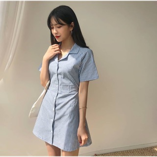 💙 Taylor striped blue dress ชุดเดรสสั้น สีฟ้าลายทาง เนื้อผ้าโพลีเอสเตอร์ ไม่มีซับใน 🌈