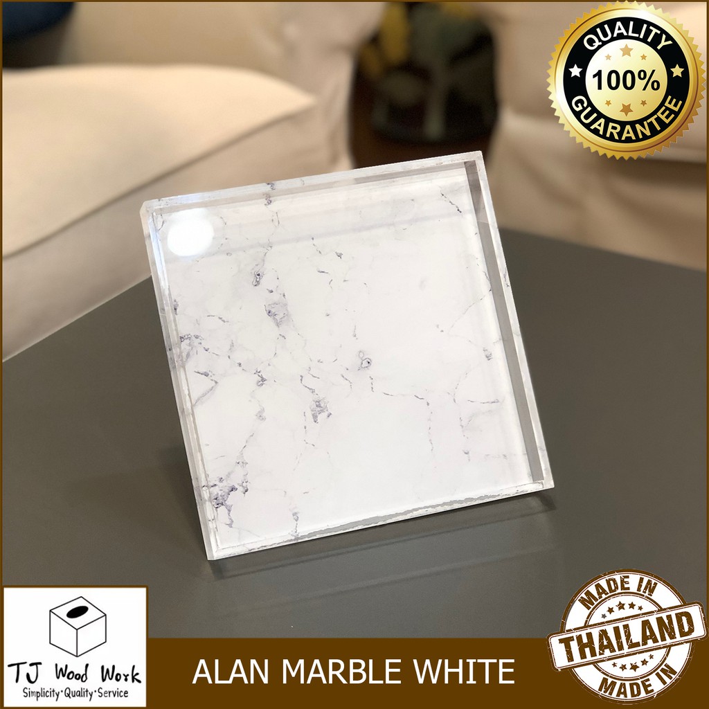 *ราคาล้างสต็อก* ACRYLIC SERVING TRAY MARBLE ถาดอะคริลิค ถาดลายหินอ่อน สีขาว เคลือบอะคริลิค ขนาด 20X20X2.4CM