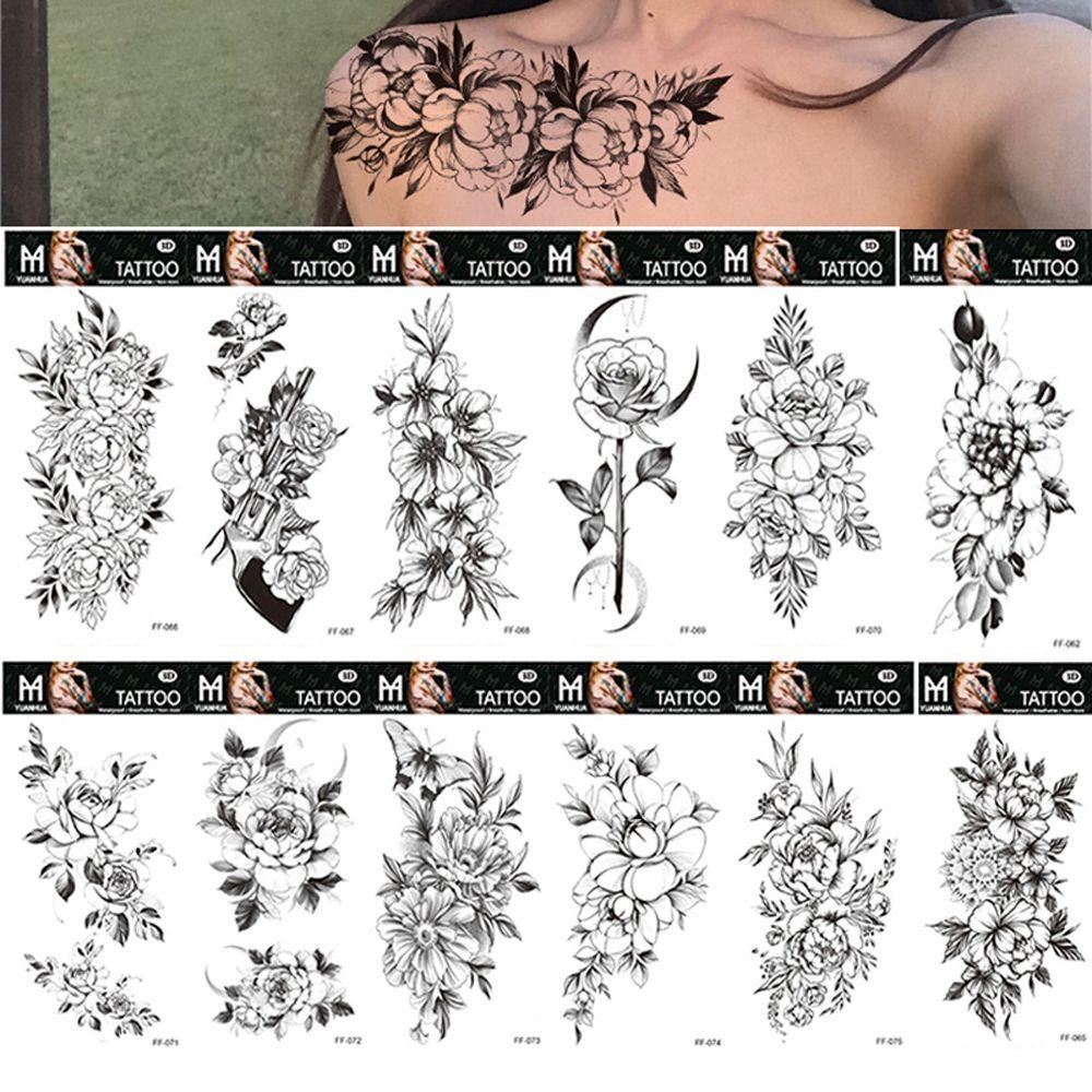 Shanrong แทททู รอยสักแทททู15วัน ลายสัก ลายสักติดทนนาน tattooกันน้ำ15วัน รอยสักชั่วคราว ลายดอกโบตั๋น ดอกกุหลาบ สีดํา กันน้ํา ขนาดใหญ่ แบบใช้แล้วทิ้ง DIY