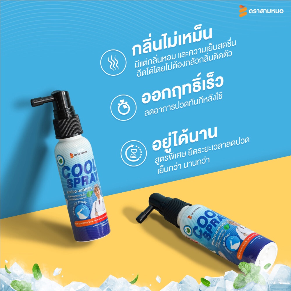 สเปรย์แก้ปวด ออฟฟิสซินโดรม เล่นกีฬา สเปรย์เย็น ด้วยสารสกัดจากเปปเปอร์มินต์ 50 มล. ตราสามหมอ