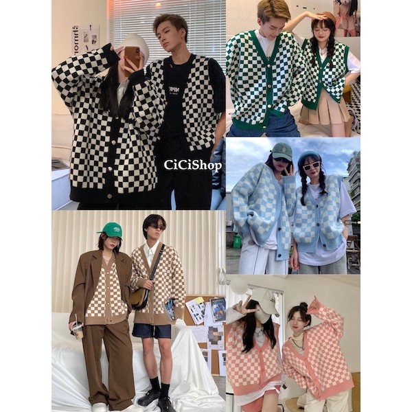 Cicishop(SALE/สุ่ม Z1073/Z1074)เสื้อไหมพรมทอสลับสีลายตาราง 2แบบ2ลุค​ เสื้อกั๊ก-เสื้อคลุม