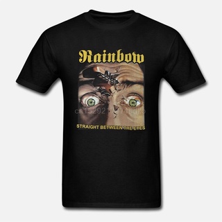 เสื้อยืดผ้าฝ้ายพิมพ์ลาย เสื้อยืด ลาย RAINBOW STRAIGHT BETWEEN THE EYES BLACKMORE DEEP สีม่วงเข้ม