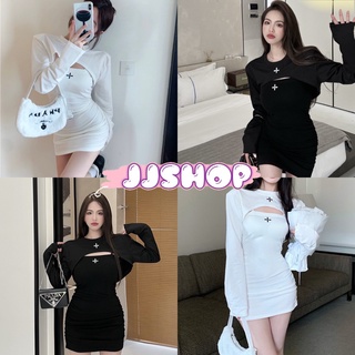 JJ Shop​💜​พร้อมส่ง ชุดเดรส+เสื้อครอปแขนยาว ผ้าดีเทลไหมพรม สีพื้นเรียบๆ "58063+58063-1" -C