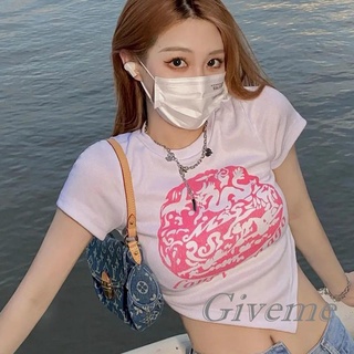 Giveme-เสื้อยืดครอป คอกลม แขนสั้น พิมพ์ลายกราฟฟิค สไตล์วินเทจ สําหรับผู้หญิง