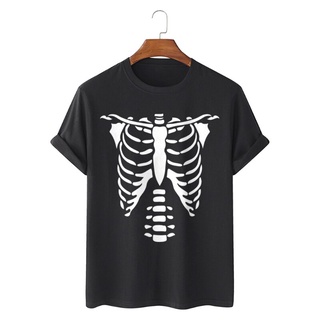 เสื้ เสื้อยืดฮาโลวีน เสื้อยืดฮาโลวีน Halloween Skeleton Bones Printed T-shirt Street Fashion O-neck Comfortable Short Sl