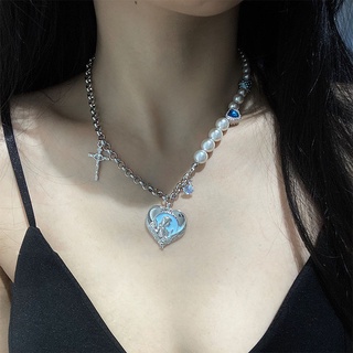 South Korea east gate fashion new personality tide pearl set diamond love cross necklace temperament