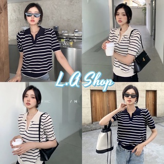 L.A SHOP พร้อมส่ง เสื้อไหมพรมแขนสั้นลายทาง แหวกลึกเท่ๆ (81018)