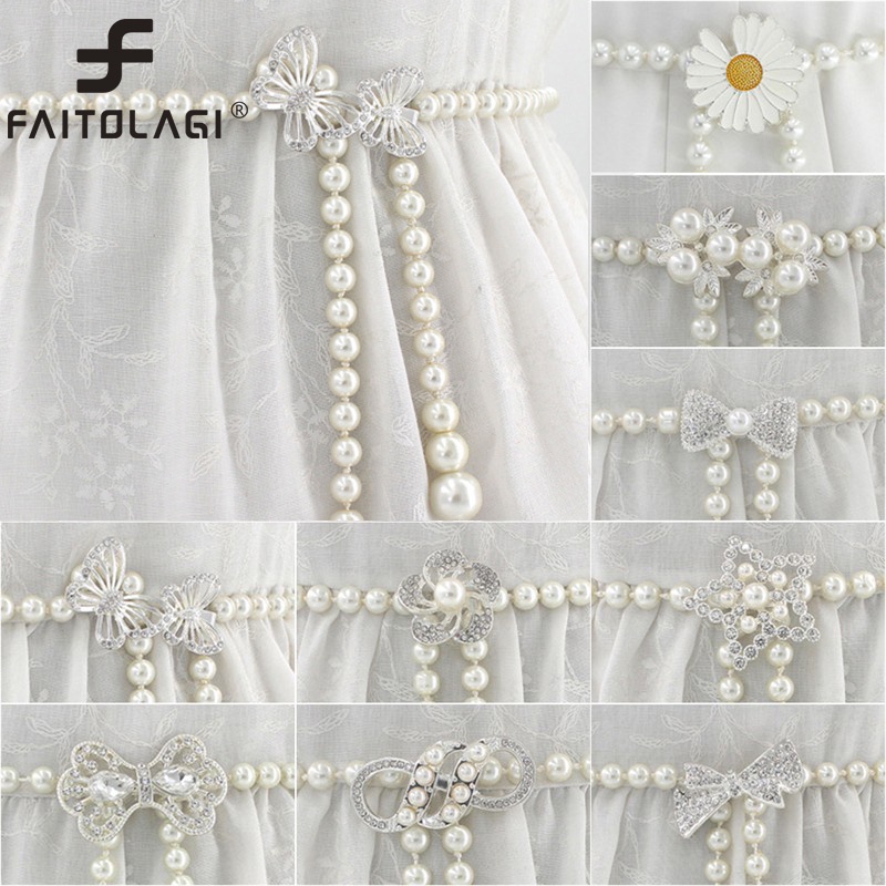 สายโซ่คล้องเอว ประดับโบว์ และดอกไม้ แบบบาง ประดับไข่มุก แฟชั่นสําหรับผู้หญิง