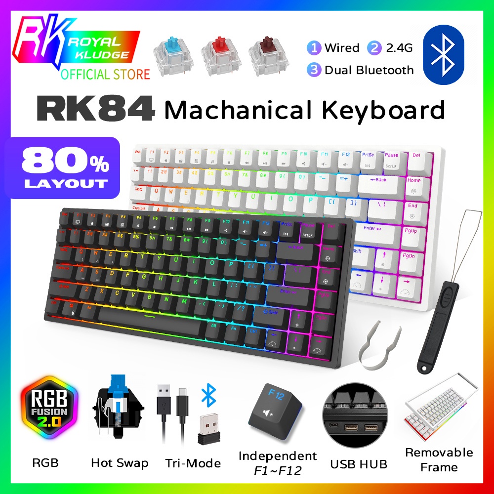 Official RK84 Wireless Bluetooth/2.4Ghz 80% RGB Mechanical Gaming Keyboard, Three Modes Connectable 