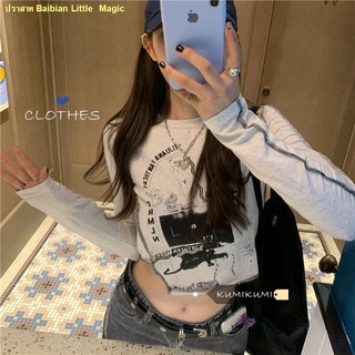 👻สปอตสินค้า👻Cropped Navel Short Irregular Print Cotton T-Shirt Women s Long Sleeve Top