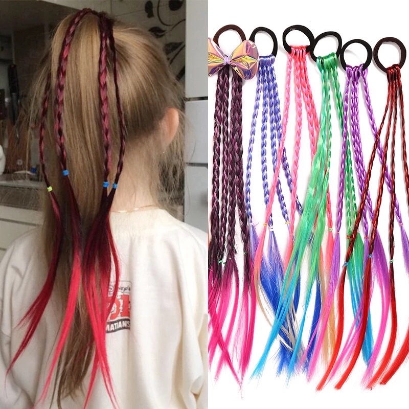 BEBAND ยางรัดผมแฟชั่น ผมปลอมเด็ก ผมเปียปลอมไล่สี 4 เปีย ยาว 38 ซม. แฟชั่นฮิปฮอป สำหรับเด็กผู้หญิง ไหมหลากสี