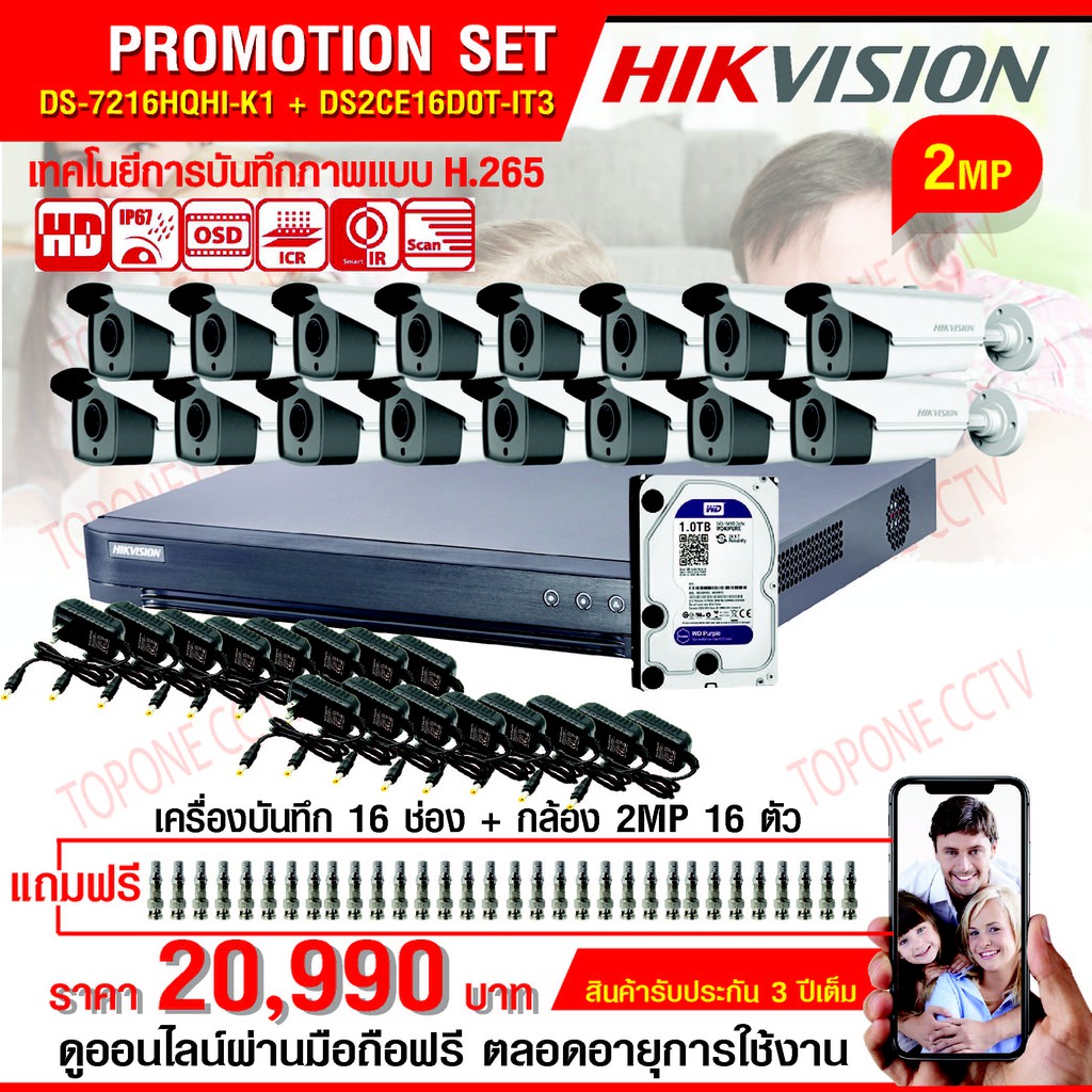 PROMOTION ชุด 1080P  16 ตัว 2MP DS-7204HQHI-K1+DS-2CE16D0T-IT3 HIKVITION ราคาถูก