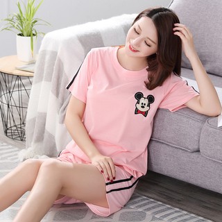 Pajamas womens summer short-sleeved pure cotton casual loose suit cartoon cute top + shorts Sleepwear