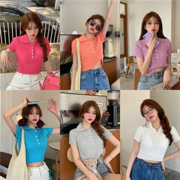 Bonnie(พร้อมส่ง/ใหม่)#B003เสื้อครอปแขนสั้นคอปกสีพื้นงานไหมพรม