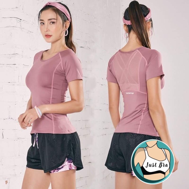 ส่งเร็ว 802/ เสื้อออกกำลังกายแขนสั้น ฉลุหลัง ผ้านุ้มลื่น