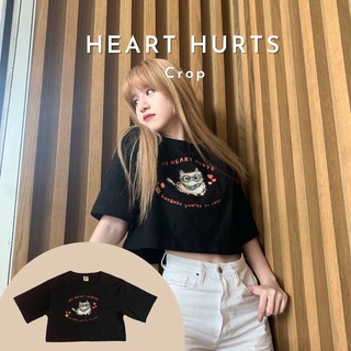 (ส่งฟรี) เสื้อลายแมว Heart hurts ทรง crop (black)