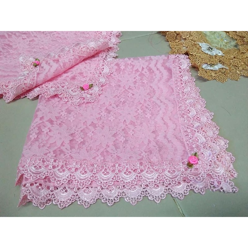 ผ้ารองพาน ลูกไม้สีชมพูหวานๆ ผ้าปูสินสอดลูกไม้สีชมพู