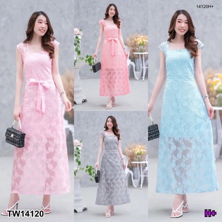 TwinsShopVip💗พร้อมส่ง TW14120 Maxi dress ลูกไม้ ทรงคอเหลี่ยมแขนล้ำ