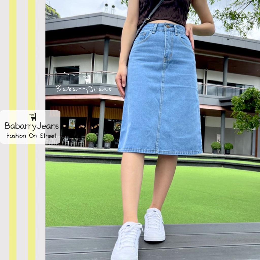 BabarryJeans กระโปรงยีนส์ เอวสูง วินเทจ สียีนส์อ่อน ยาว 26 นิ้ว