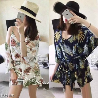 เซ็ต2ชิ้นิเสื้อคลุม+จั่มสูทวายเดี่ยวลายใบไม้ มี2สี