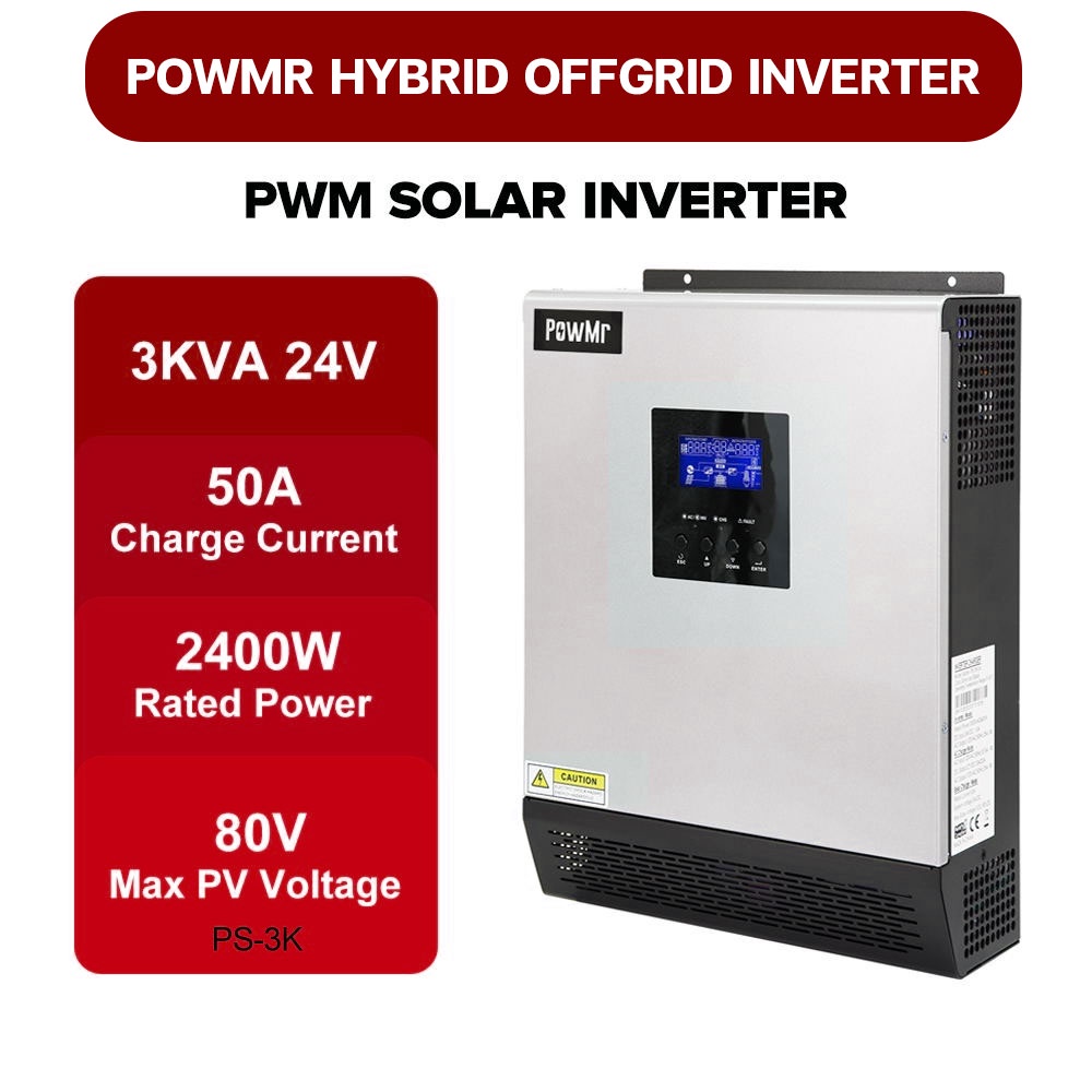 อินเวอร์เตอร์ Powmr Hybrid Inverter 3KVA 2400W 24V 220V PS-3K กระแสสูงสุด 50A ALL in ONE (ประกัน 1ปี