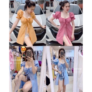 🌈PWR.SHOP🌈 พร้อมส่ง มินิเดรสแหวกหน้าแขนตุกตาเสริมฟองน้ำงาน