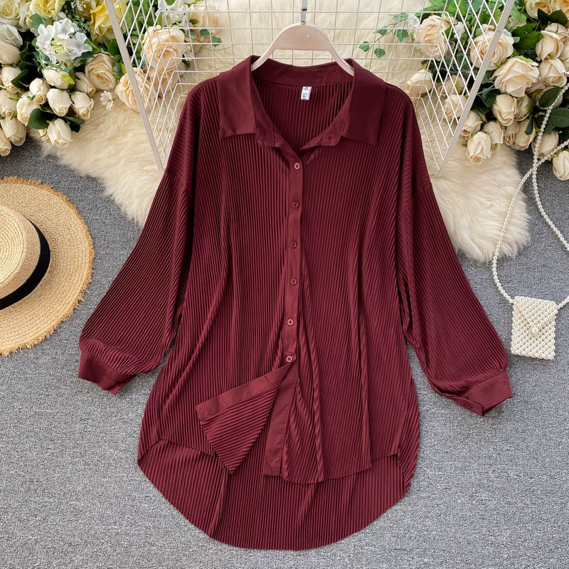 เสื้อเชิ้ตแขนยาว ผ้าชีฟอง ทรงหลวม จับจีบ ขนาดใหญ่ สไตล์เกาหลี สําหรับผู้หญิง