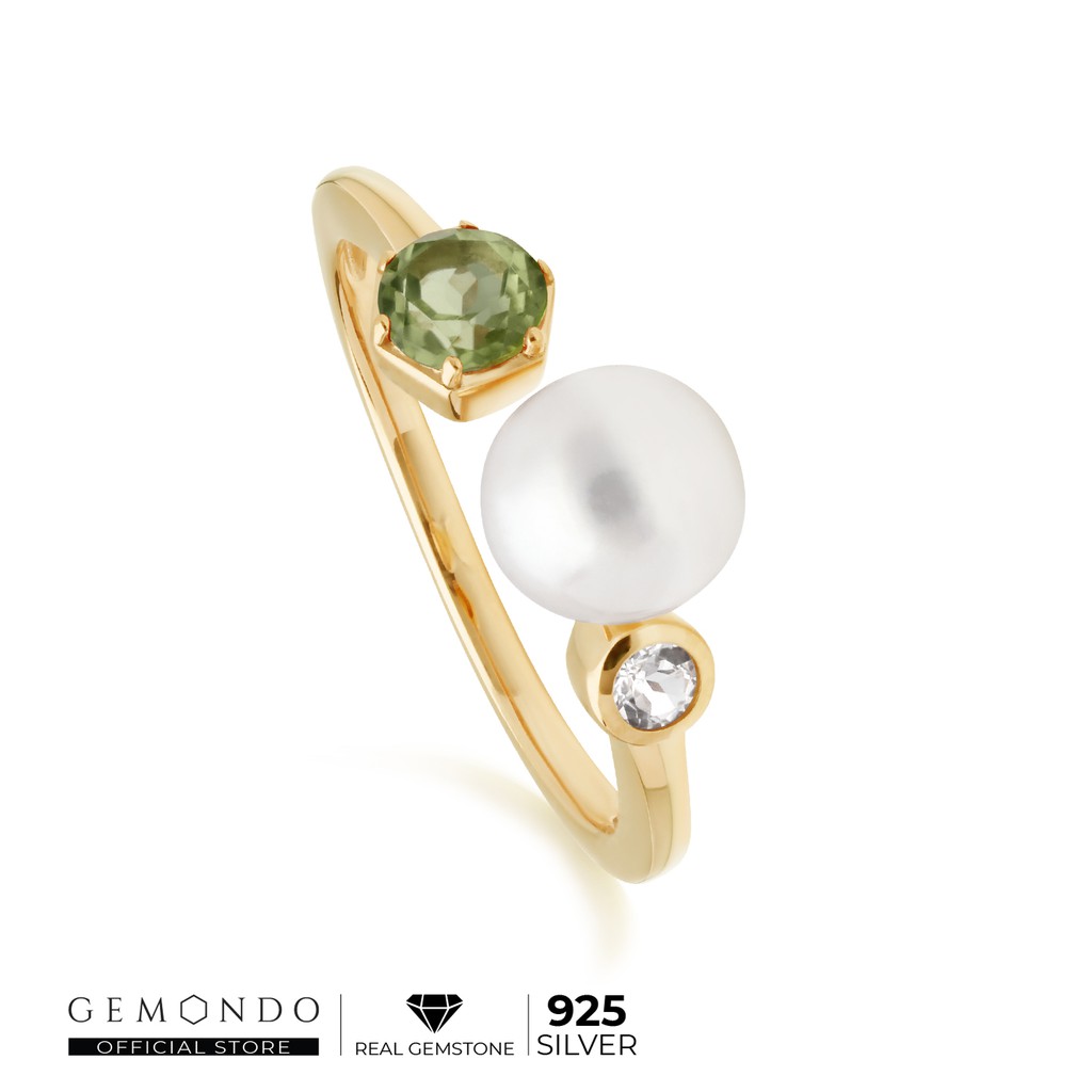 Gemondo แหวนมุก 925 เงินแท้ชุบทอง 22K ประดับเพอริดอท และโทแพซ ดีไซน์โมเดิร์น : แหวนพลอย แหวนอัญมณี แหวนไข่มุก พลอยแท้