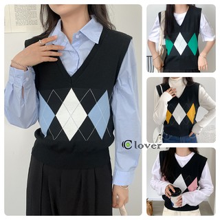 เสื้อกล้ามไหมพรมถัก เสื้อกล้ามหญิง เสื้อกั๊ก สไตล์ย้อนยุคเกาหลี Diamond plaid knitted vest 95007