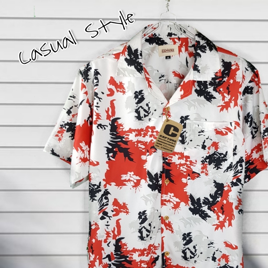 Hawaii Shirt เสื้อฮาวาย แนว THE TOYS ลายศิลป์ สีขาวแดง มีไซส์ M-2XL