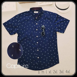 เสื้อเชิ้ตแขนสั้น คอปก ผ้า Oxford ลายแมลงปอ สีกรม มีถึงไซส์ 4XL