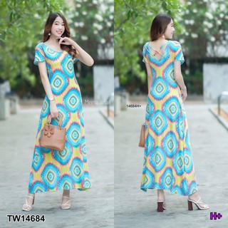 TW14684 เดรสยาวสายไขว้หลังลายมัดย้อม