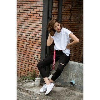 TBY JEANS กางเกงยีนส์ขาเดฟ สีดำ ผ้ายืด ทรง5 ส่วน เอวสูง T2670