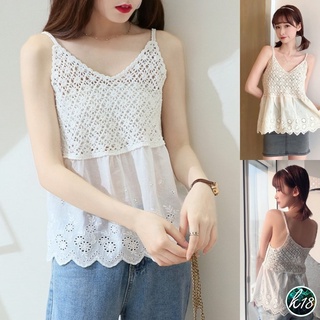 K18💜Korean เสื้อสายเดี่ยวคอวีไหมพรมถัก ชายฉลุลายดอกไม้