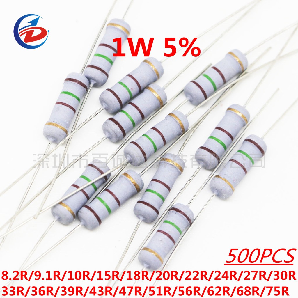 500ชิ้น 1ว 5% ความต้านทาน 10/12/15/20/22/27/30/36/39/43/47/51/56/58/62/75/82/91 โอห์ม คาร์บอนตัวต้านทานฟิล์ม