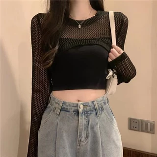 ส่งทันที Cici(NO. 78040)เสื้อคลุมแขนยาวไหมพรมคอกลม ตาข่าย ซีทรูเพิ่มดีเทลเว้าหน้าอกสไตล์โคเรียเวอร์