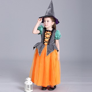 ชุดแฟนซีเด็กฮาโลวีน ชุดแม่มดสีเทาส้มเขียว Little Witch Halloween Kid Costume