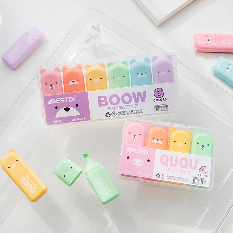 ปากกาเน้นข้อความขนาดเล็ก 6 ชิ้น/กล่อง ชุดปากกาเน้นข้อความ ไฮไลท์น่ารัก